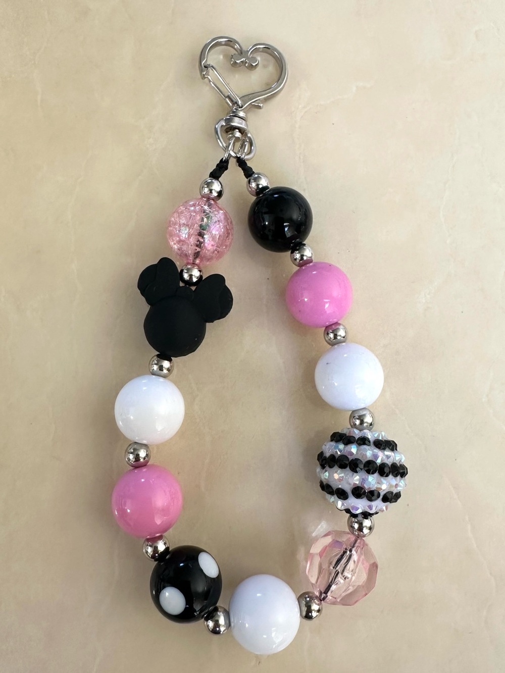 Handmade Pink, Black & White Beaded Bag Charm with Heart Clasp